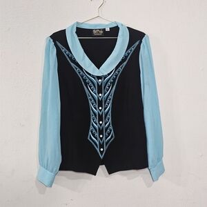 Bob Mackie Black and Blue Embroidered Blouse Whimisigoth Sz L Womens